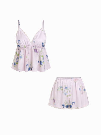 Satin Floral Lace Trim Crop Cami & High Rise Shorts Loungewear Set