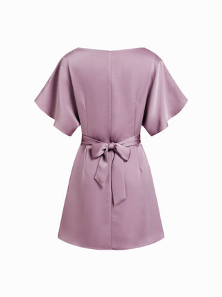 Satin Boat Neck Batwing Sleeve Oversized Mini Dress