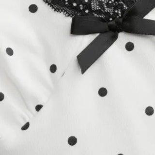 Cotton-blend Polka Dot V-neck Short Sleeve Lace Trim Bowknot Top