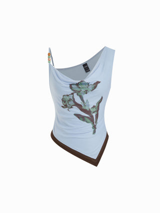Floral Graphic Asymmetrical Neck Beaded Top