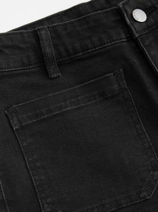 Stretch Denim Mid Rise Washed Metal Detail Straight Leg Jeans