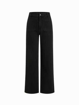 Stretch Denim Mid Rise Washed Metal Detail Straight Leg Jeans