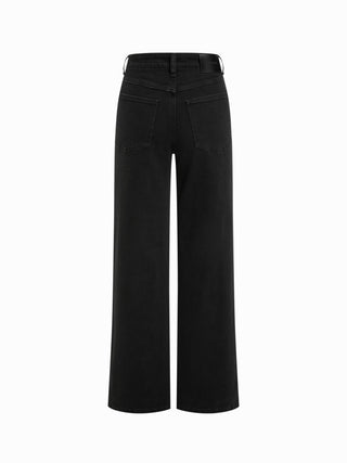 Stretch Denim Mid Rise Washed Metal Detail Straight Leg Jeans