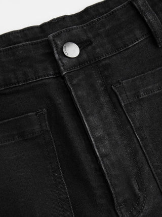 Stretch Denim Mid Rise Washed Metal Detail Straight Leg Jeans