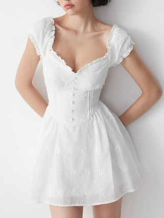 Cotton Sweetheart Broderie Anglaise Ruffled Flared Mini Dress