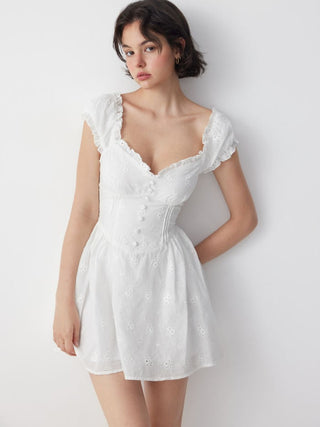 Cotton Sweetheart Broderie Anglaise Ruffled Flared Mini Dress