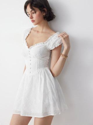 Cotton Sweetheart Broderie Anglaise Ruffled Flared Mini Dress