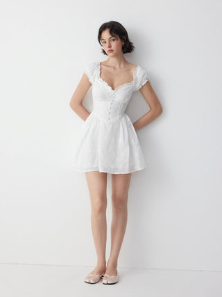 Cotton Sweetheart Broderie Anglaise Ruffled Flared Mini Dress