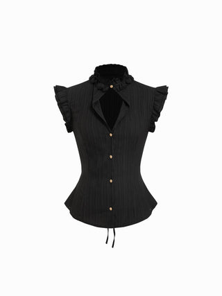Textured Stand Collar Ruffle Cut Out Metal Detail Blouse