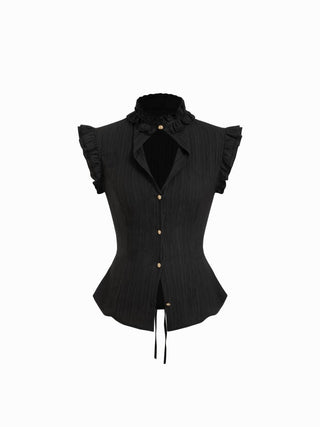 Textured Stand Collar Ruffle Cut Out Metal Detail Blouse