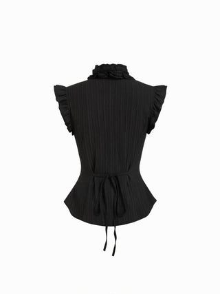 Textured Stand Collar Ruffle Cut Out Metal Detail Blouse