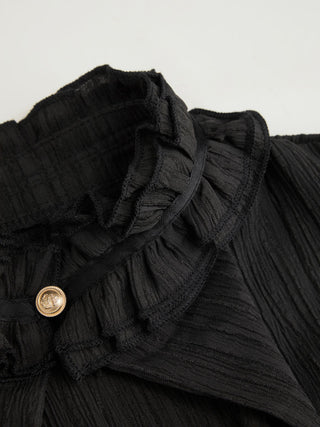 Textured Stand Collar Ruffle Cut Out Metal Detail Blouse