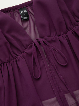 Chiffon V-neck Ruffled Sleeve Tie Front Backless Cami Blouse