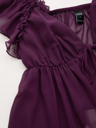 Chiffon V-neck Ruffled Sleeve Tie Front Backless Cami Blouse