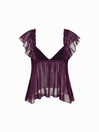 Chiffon V-neck Ruffled Sleeve Tie Front Backless Cami Blouse