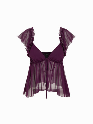 Chiffon V-neck Ruffled Sleeve Tie Front Backless Cami Blouse