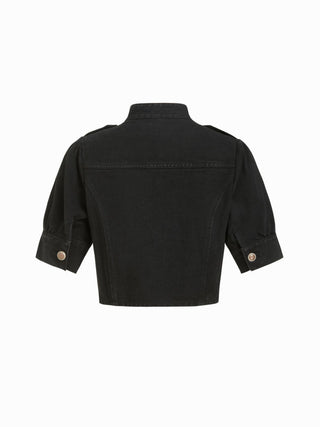 Denim Stand Collar Washed Metal Detail Crop Blouse