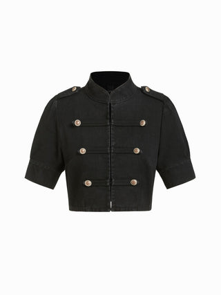 Denim Stand Collar Washed Metal Detail Crop Blouse
