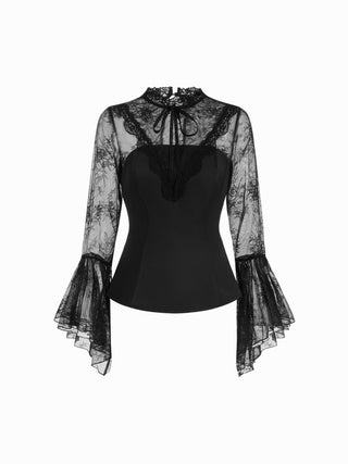 Satin Lace Mandarin Coller Flare Sleeve Layered Top