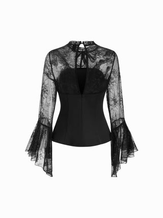 Satin Lace Mandarin Coller Flare Sleeve Layered Top