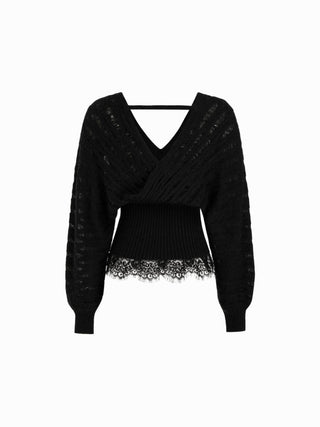 Knit Wool-blend V-neck Surplice Lace Trim Long Sleeve Sweater