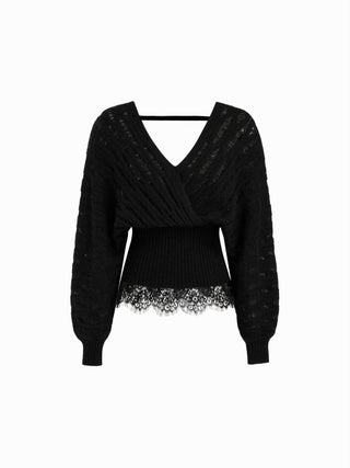 Knit Wool-blend V-neck Surplice Lace Trim Long Sleeve Sweater