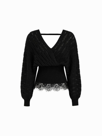 Knit Wool-blend V-neck Surplice Lace Trim Long Sleeve Sweater