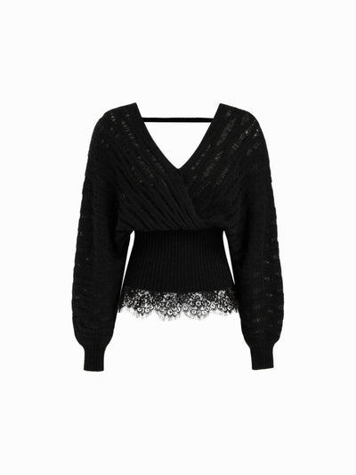 Knit Wool-blend V-neck Surplice Lace Trim Long Sleeve Sweater