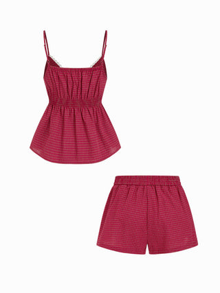 Cotton Gingham Square Neck Lace Trim Cami Top & Mid Rise Shorts Loungewear Set