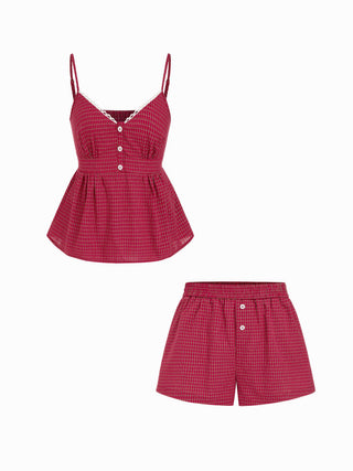 Cotton Gingham Square Neck Lace Trim Cami Top & Mid Rise Shorts Loungewear Set