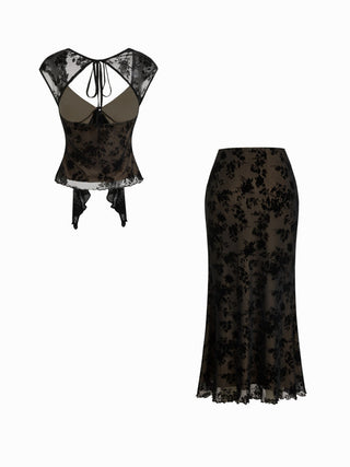 Flocked Mesh Floral Tie Front Top & Mid Rise Midi Skirt Set