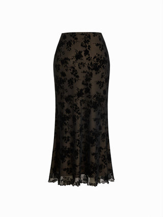 Flocked Mesh Floral Tie Front Top & Mid Rise Midi Skirt Set