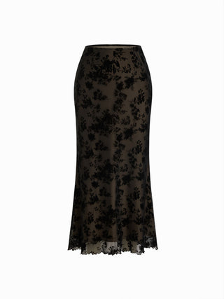 Flocked Mesh Floral Tie Front Top & Mid Rise Midi Skirt Set