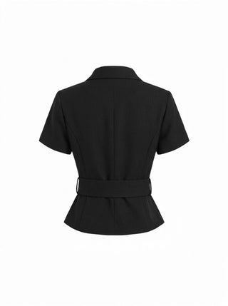 Collar Short Sleeve Peplum Belted Blazer With Shoulder Pads
