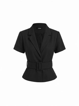 Collar Short Sleeve Peplum Belted Blazer With Shoulder Pads
