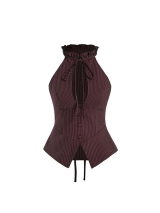 Mandarin Collar Stripe Cut Out Tie Back Top