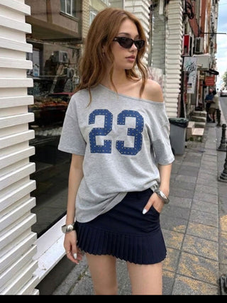 Cotton 23 Graphic Asymmetrical Neck Short Sleeve Oversized Tee