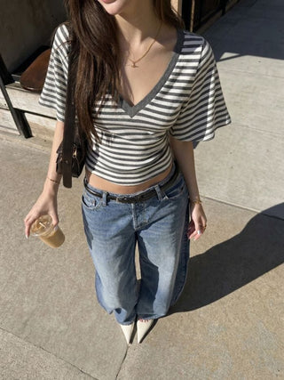 Cotton-blend High Stretch V-neck Short Sleeve Tee