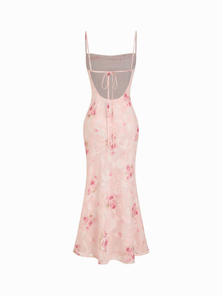 Floral Cowl Neck Lace Up Corset Mermaid Maxi Dress