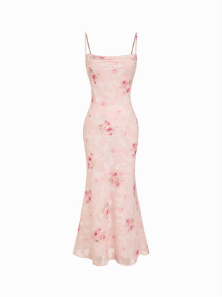 Floral Cowl Neck Lace Up Corset Mermaid Maxi Dress