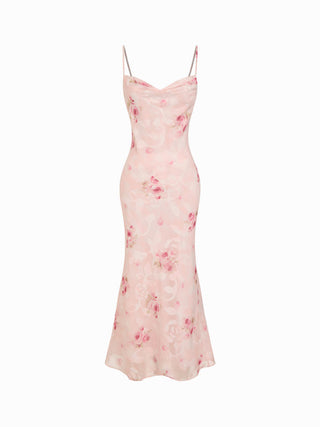 Floral Cowl Neck Lace Up Corset Mermaid Maxi Dress