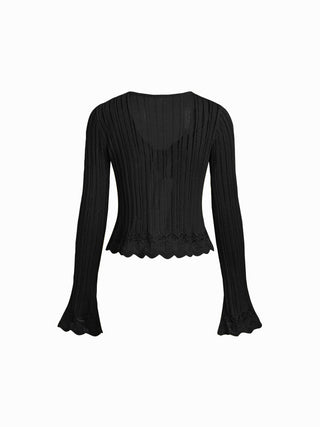 Knit Textured V-neck Bell Sleeve Cardigan