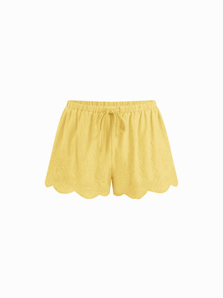 Mid Rise Lace Drawstring Scallop Hem Shorts
