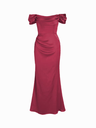 Satin Sculptural Ruched Off-shoulder Mermaid Maxi Dress