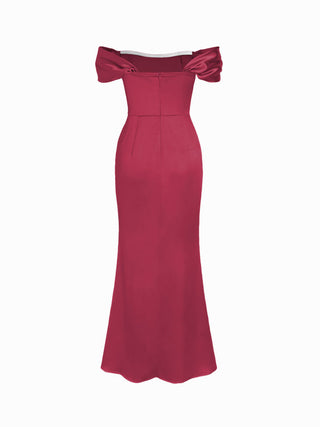 Satin Sculptural Ruched Off-shoulder Mermaid Maxi Dress