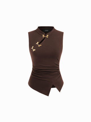 Mandarin Collar Metal Detail Cut Out Ruched Split Top