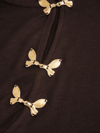 Mandarin Collar Metal Detail Cut Out Ruched Split Top