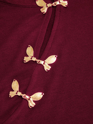 Mandarin Collar Metal Detail Cut Out Ruched Split Top