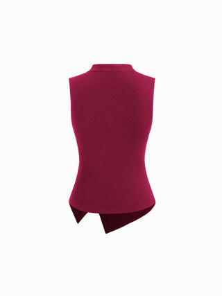 Mandarin Collar Metal Detail Cut Out Ruched Split Top