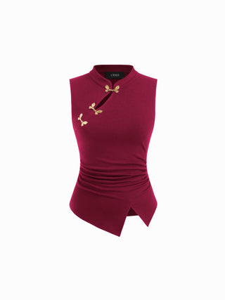 Mandarin Collar Metal Detail Cut Out Ruched Split Top